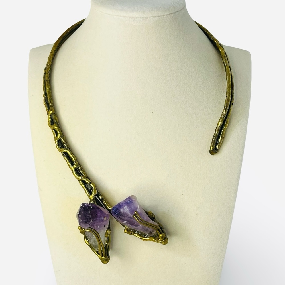 Vintage Artisan Brutalist Raw Amethyst Torque Choker Statement Necklace - Picture 2 of 6